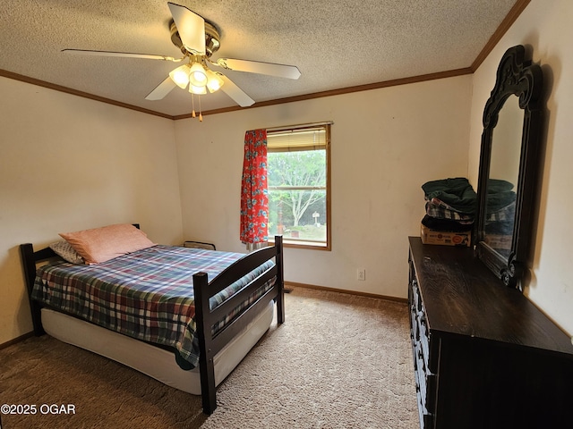 979 S Matherly Rd, Protem, MO 65733 - bedroom with crown molding, a textured ceiling, light carpet, a ceiling fan, and baseboards