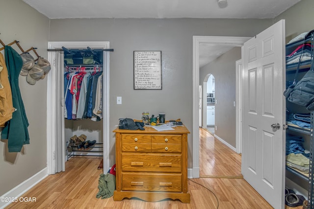 interior space featuring a walk in closet, a closet, and light wood-type flooring