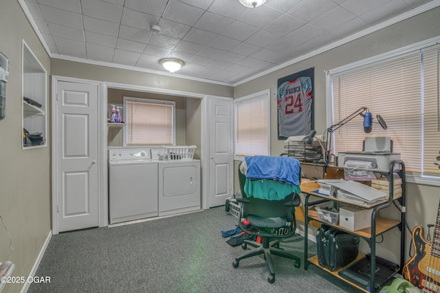 office space with ornamental molding, washer and clothes dryer, and carpet