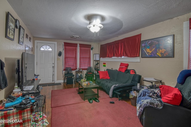 living room featuring hardwood / wood-style flooring and a textured ceiling