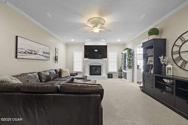 carpeted living room with crown molding, a large fireplace, and ceiling fan