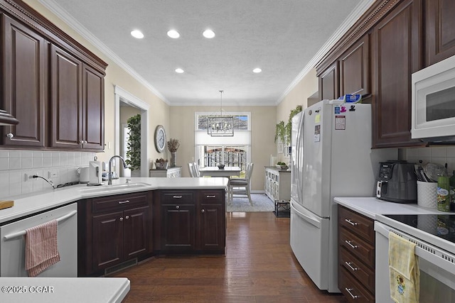 kitchen with sink, crown molding, hanging light fixtures, dark hardwood / wood-style floors, and white appliances