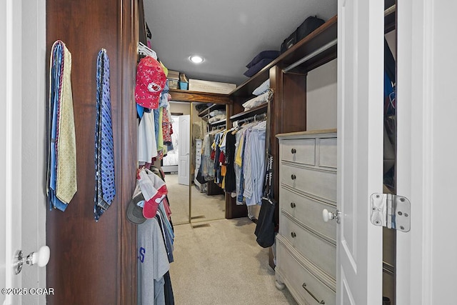 spacious closet featuring light colored carpet