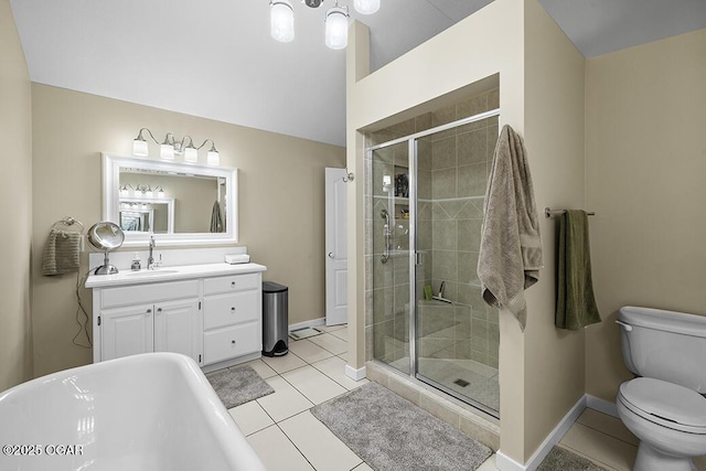 full bathroom featuring vanity, toilet, tile patterned flooring, and shower with separate bathtub