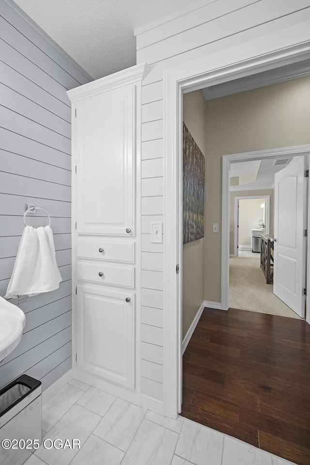 bathroom featuring wooden walls and wood-type flooring