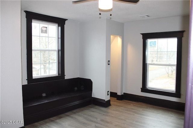 bathroom featuring hardwood / wood-style flooring and ceiling fan