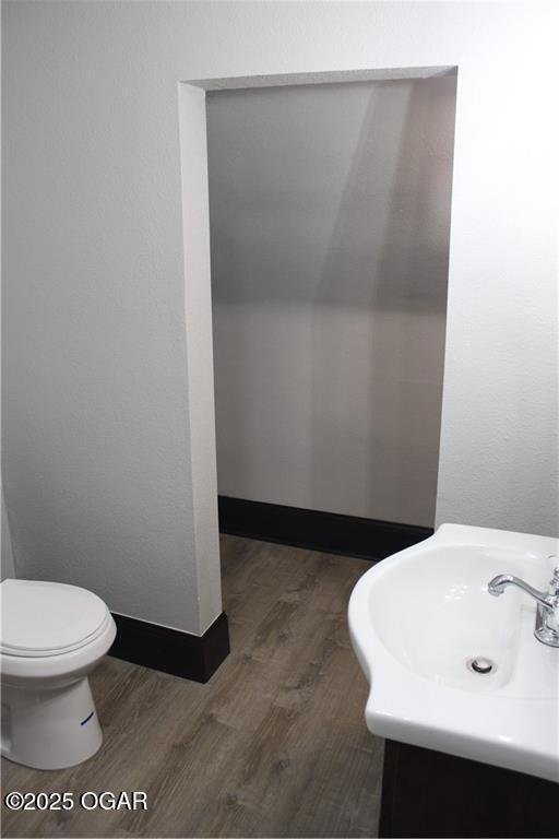 bathroom with vanity, hardwood / wood-style floors, and toilet