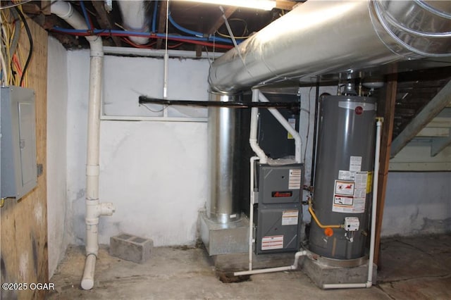 utility room with heating unit, electric panel, and water heater