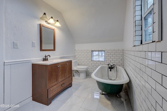 bathroom featuring lofted ceiling, toilet, vanity, and a washtub