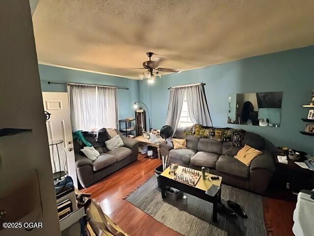 living room with a ceiling fan and wood finished floors