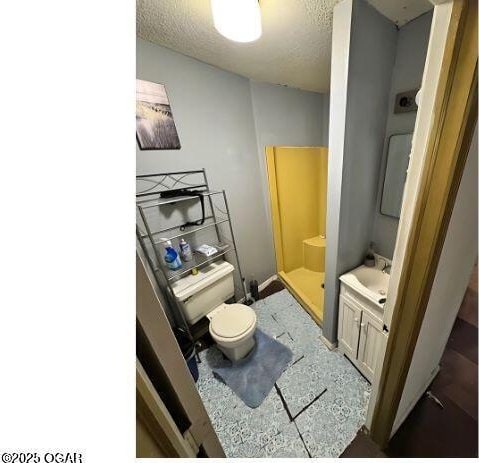 bathroom featuring a stall shower, vanity, a textured ceiling, and toilet