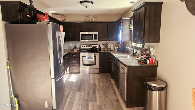 kitchen with dark brown cabinetry, sink, light hardwood / wood-style floors, and appliances with stainless steel finishes