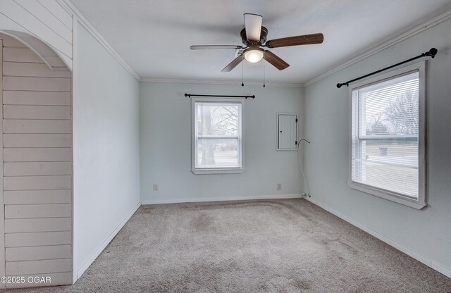 unfurnished room featuring ornamental molding, carpet flooring, baseboards, and a ceiling fan