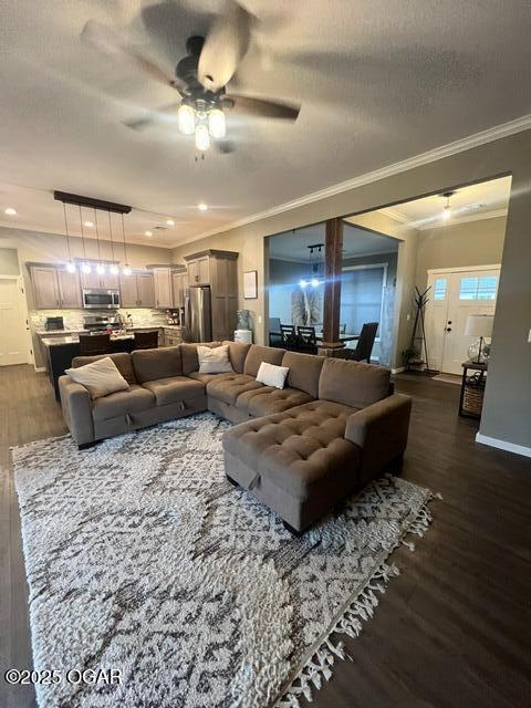 living room with ceiling fan, dark wood-type flooring, ornamental molding, and a textured ceiling