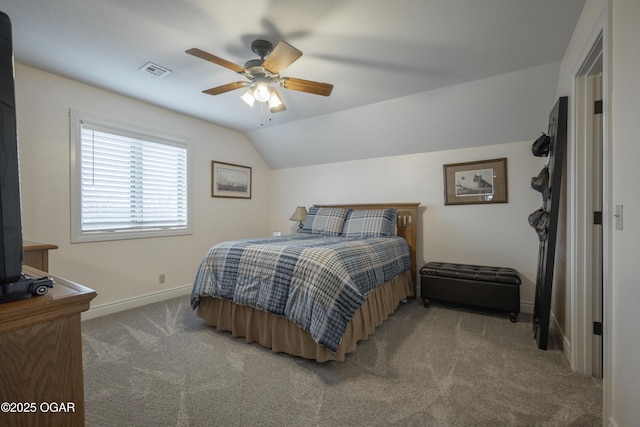 bedroom featuring vaulted ceiling, carpet, and ceiling fan