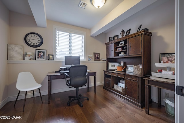 home office with dark wood-type flooring