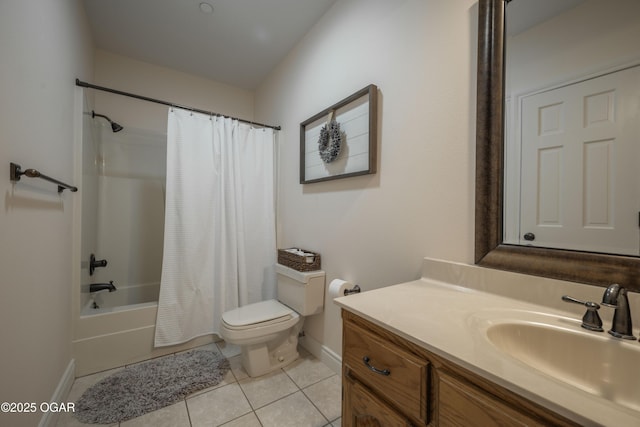 full bathroom with shower / bath combination with curtain, tile patterned floors, toilet, and vanity