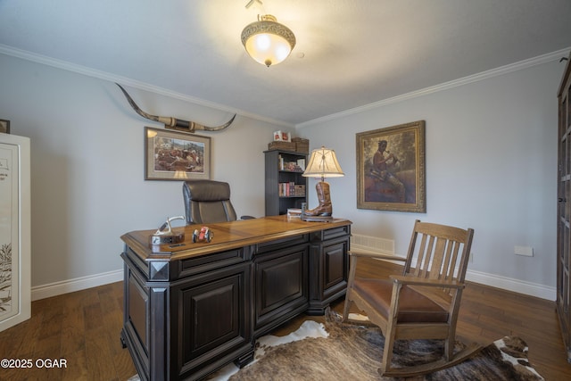 office space with crown molding and dark hardwood / wood-style floors