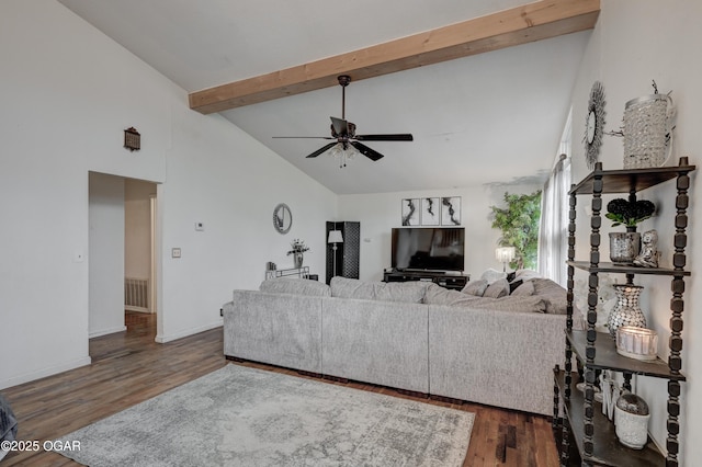 living room featuring ceiling fan, high vaulted ceiling, dark wood-type flooring, and beam ceiling