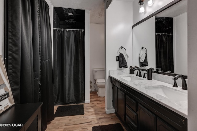 bathroom featuring vanity, hardwood / wood-style floors, and toilet