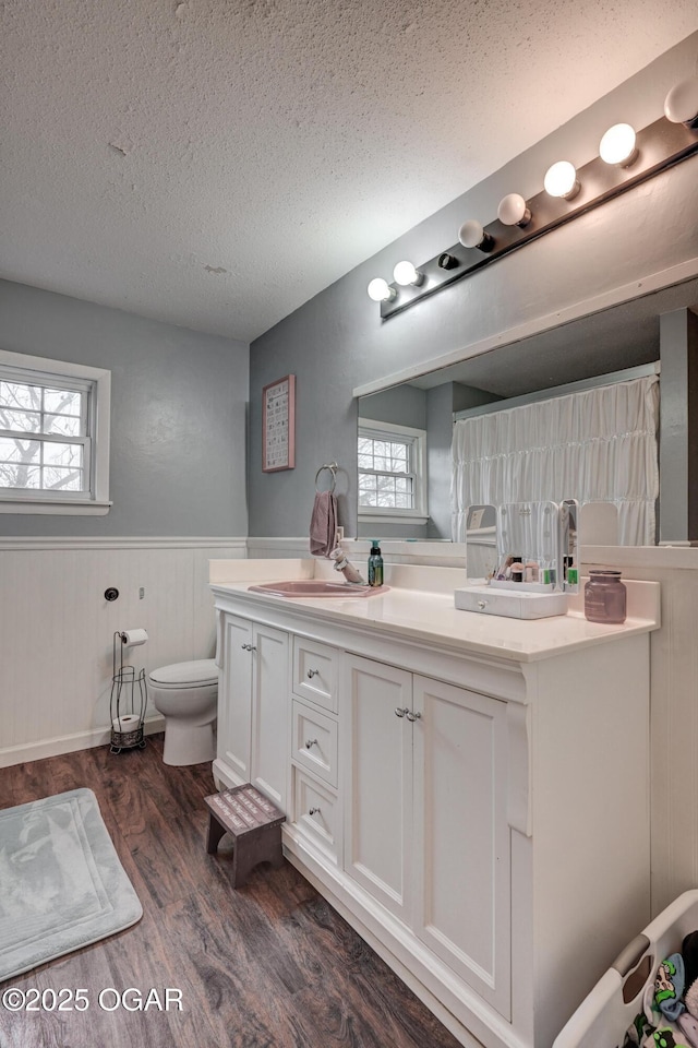 bathroom with vanity, hardwood / wood-style flooring, toilet, and a textured ceiling