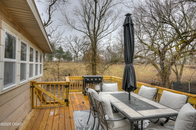 wooden terrace featuring a trampoline and grilling area