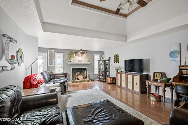 living room with hardwood / wood-style flooring, ceiling fan, and a tray ceiling