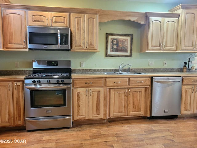 kitchen featuring stainless steel appliances, sink, and light hardwood / wood-style flooring