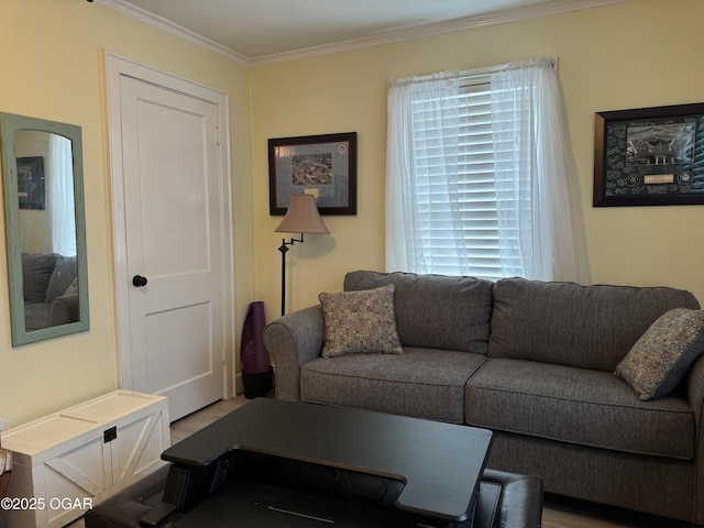 living room featuring crown molding and light hardwood / wood-style floors