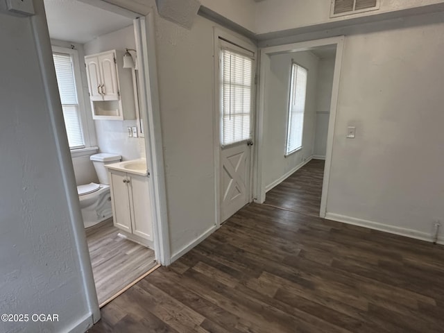 hallway featuring dark wood-type flooring