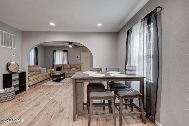 dining room with a wealth of natural light, light hardwood / wood-style floors, and ceiling fan