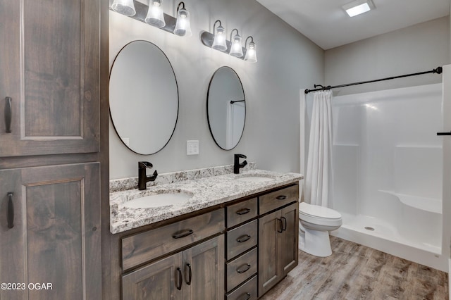 bathroom featuring wood-type flooring, toilet, vanity, and walk in shower