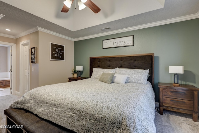 bedroom with ceiling fan, crown molding, a textured ceiling, and carpet flooring