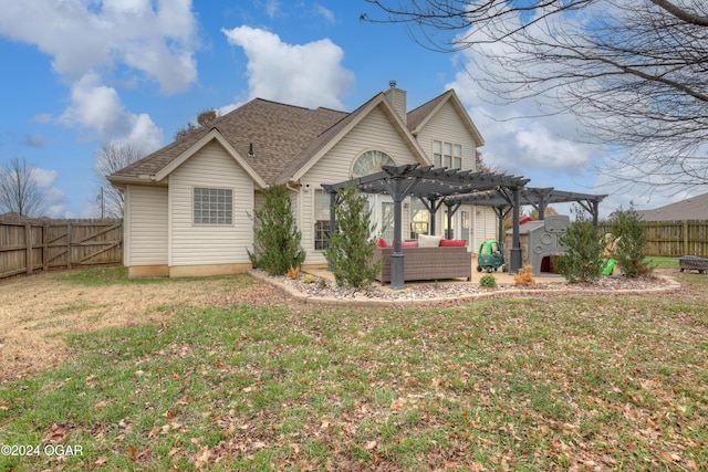 rear view of house featuring outdoor lounge area, a pergola, and a lawn