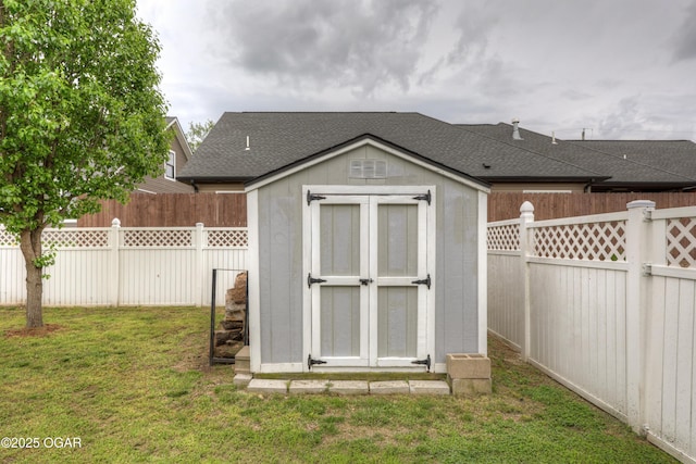 view of shed with a fenced backyard