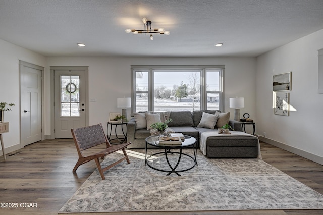 living room with hardwood / wood-style floors and a textured ceiling