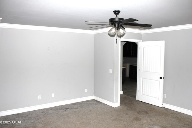 unfurnished bedroom featuring ceiling fan, crown molding, and dark colored carpet