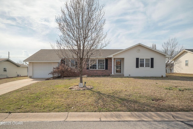 ranch-style home with driveway, a garage, a front lawn, and brick siding