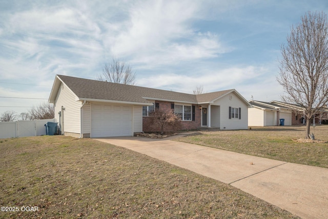 single story home featuring an attached garage, brick siding, fence, concrete driveway, and a front yard