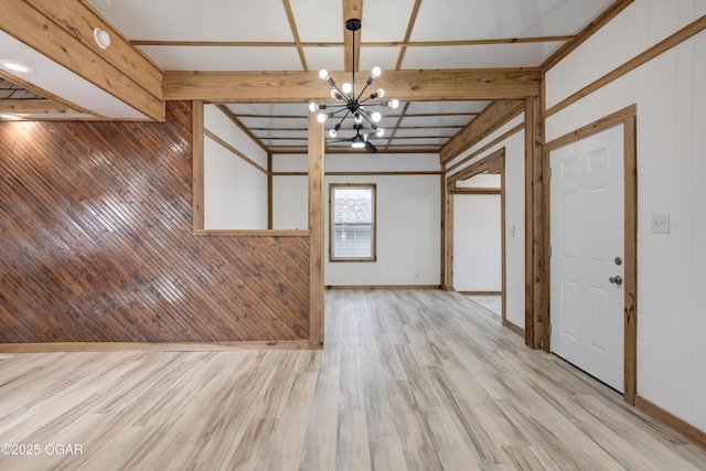 interior space with beamed ceiling, light wood finished floors, and wood walls