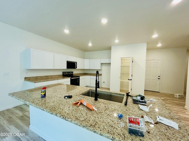 kitchen with stainless steel microwave, light wood-style floors, electric stove, and a sink