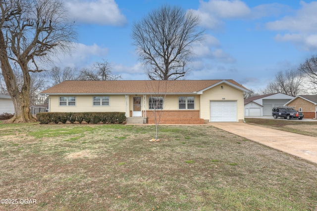 ranch-style house featuring a garage, driveway, brick siding, and a front lawn