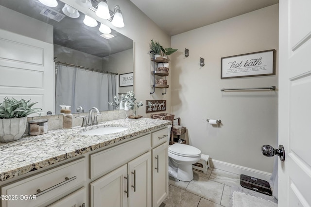 full bath featuring toilet, baseboards, visible vents, and vanity