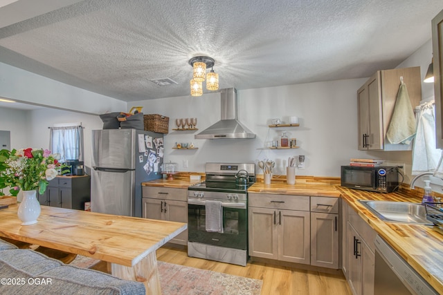 kitchen with wall chimney exhaust hood, butcher block counters, and stainless steel appliances