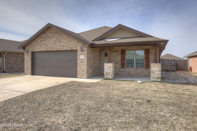 ranch-style home with a garage, a shingled roof, concrete driveway, fence, and brick siding