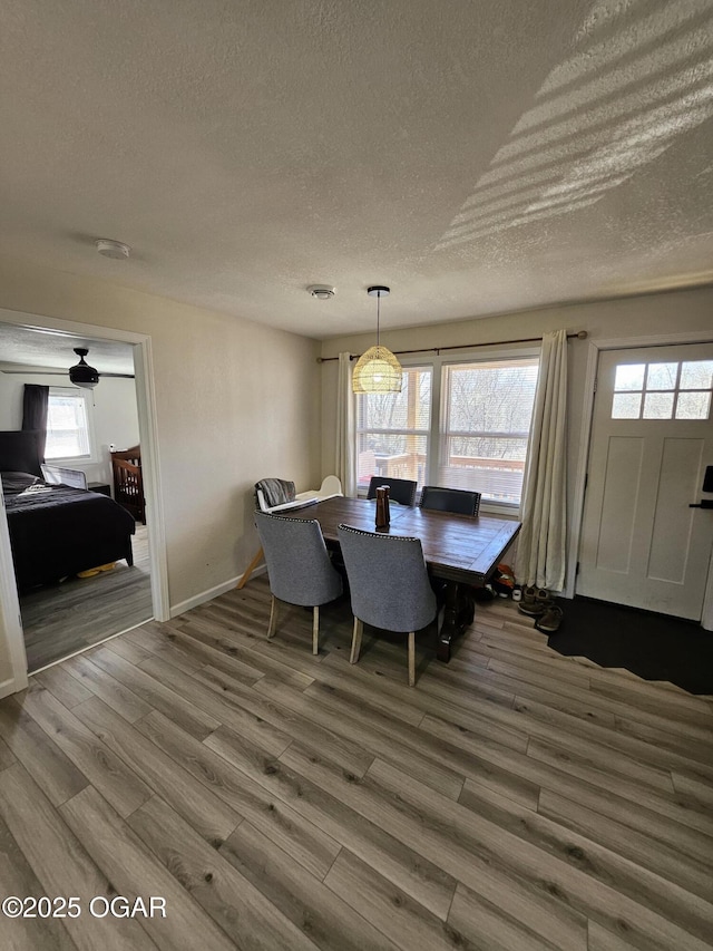 dining space with a textured ceiling, baseboards, and wood finished floors