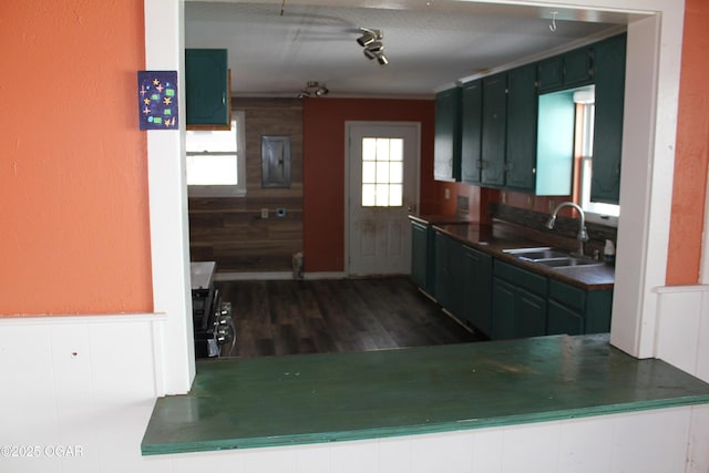 kitchen with track lighting, a sink, dark wood-style floors, dark countertops, and crown molding