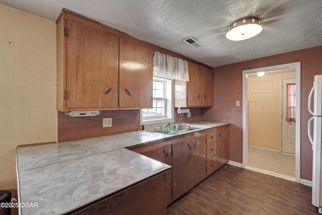 kitchen featuring dark wood finished floors, light countertops, visible vents, a sink, and a textured ceiling