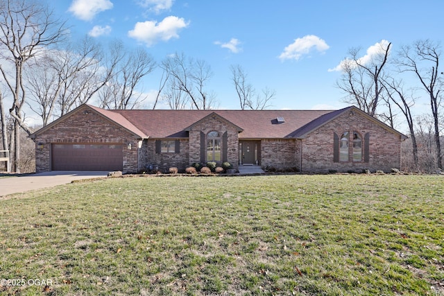 single story home featuring brick siding, roof with shingles, an attached garage, a front yard, and driveway