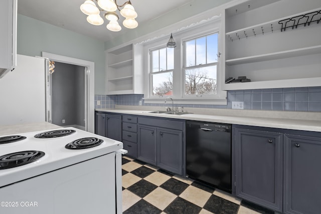 kitchen featuring white electric stove, light floors, open shelves, a sink, and dishwasher